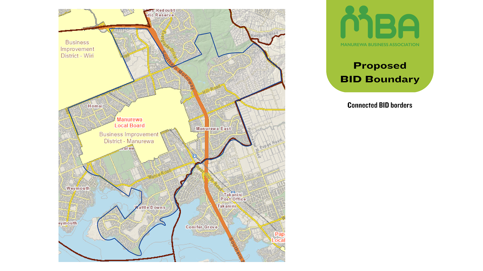 Map of the proposed Manurewa BID boundary expansion showing connected BID borders